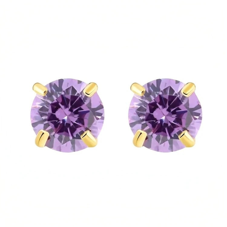Paris Jewelry 18k Yellow Gold 2 Pair Created Amethyst 4mm, 6mm Round & Princess Cut Stud Earrings Plated Image 3