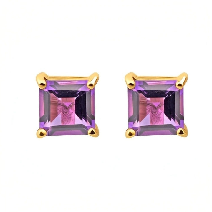 Paris Jewelry 18k Yellow Gold 2 Pair Created Amethyst 4mm, 6mm Round & Princess Cut Stud Earrings Plated Image 4