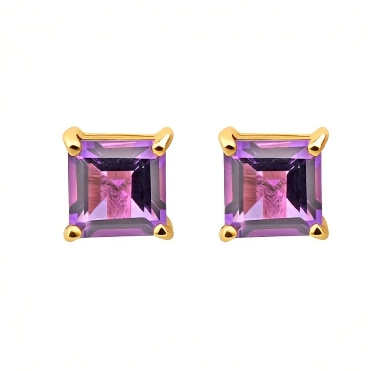 Paris Jewelry 18k Yellow Gold 2 Pair Created Amethyst 4mm 6mm Round and Princess Cut Stud Earrings Plated Image 4