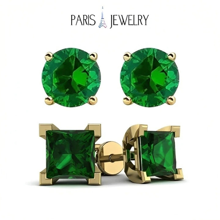 Paris Jewelry 18k Yellow Gold 2 Pair Created Emerald 4mm, 6mm Round & Princess Cut Stud Earrings Plated Image 1