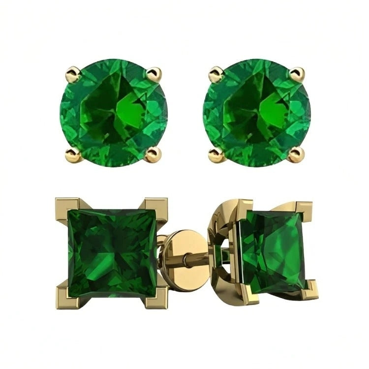 Paris Jewelry 18k Yellow Gold 2 Pair Created Emerald 4mm, 6mm Round & Princess Cut Stud Earrings Plated Image 2