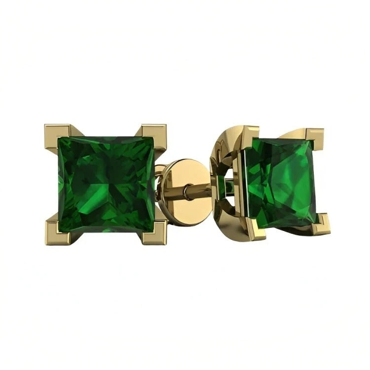 Paris Jewelry 18k Yellow Gold 2 Pair Created Emerald 4mm, 6mm Round & Princess Cut Stud Earrings Plated Image 4