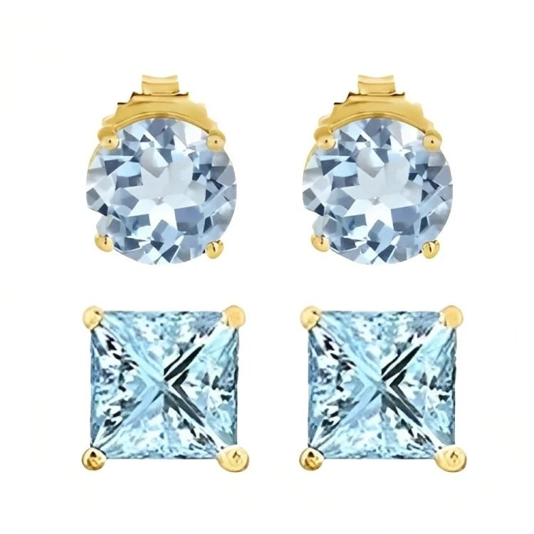 Paris Jewelry 18k Yellow Gold 2 Pair Created Aquamarine 4mm 6mm Round and Princess Cut Stud Earrings Plated Image 1