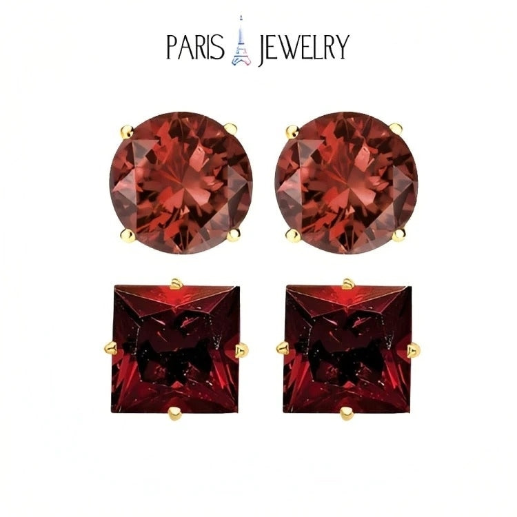 Paris Jewelry 18k Yellow Gold 2 Pair Created Garnet 4mm, 6mm Round & Princess Cut Stud Earrings Plated Image 1