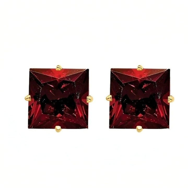 Paris Jewelry 18k Yellow Gold 2 Pair Created Garnet 4mm 6mm Round and Princess Cut Stud Earrings Plated Image 3