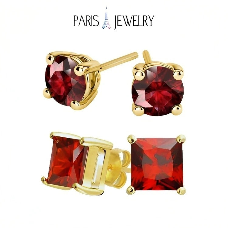 Paris Jewelry 18k Yellow Gold 2 Pair Created Ruby 4mm, 6mm Round & Princess Cut Stud Earrings Plated Image 1