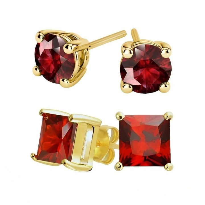 Paris Jewelry 18k Yellow Gold 2 Pair Created Ruby 4mm, 6mm Round & Princess Cut Stud Earrings Plated Image 2