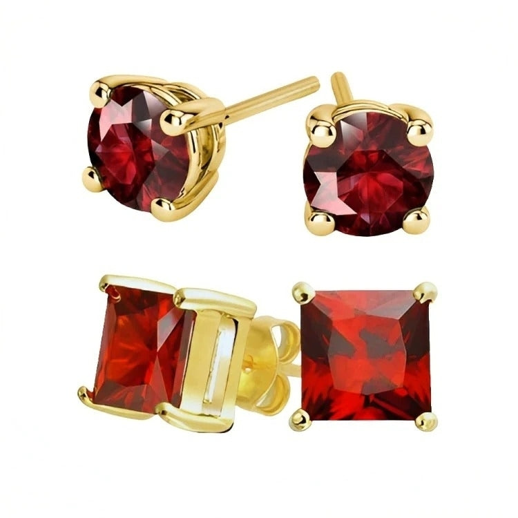 Paris Jewelry 18k Yellow Gold 2 Pair Created Ruby 4mm 6mm Round and Princess Cut Stud Earrings Plated Image 2