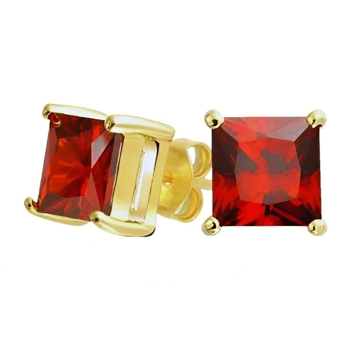 Paris Jewelry 18k Yellow Gold 2 Pair Created Ruby 4mm, 6mm Round & Princess Cut Stud Earrings Plated Image 4