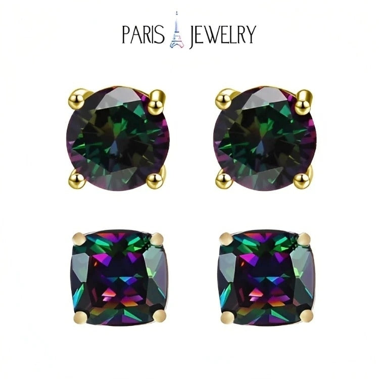Paris Jewelry 18k Yellow Gold 2 Pair Created Mystic 4mm, 6mm Round & Princess Cut Stud Earrings Plated Image 1