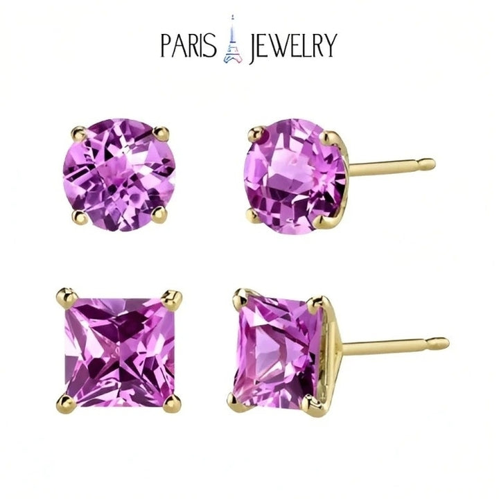 Paris Jewelry 18k Yellow Gold 2 Pair Created Pink Sapphire 4mm 6mm Round and Princess Cut Stud Earrings Plated Image 1