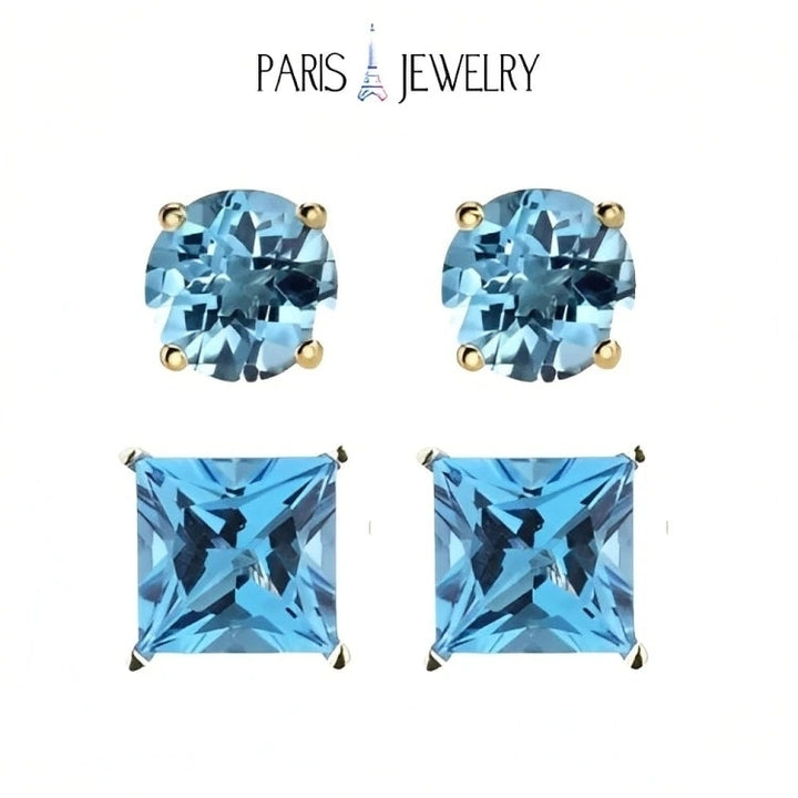 Paris Jewelry 18k Yellow Gold 2 Pair Created Blue Topaz 4mm, 6mm Round & Princess Cut Stud Earrings Plated Image 1
