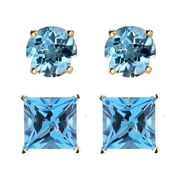Paris Jewelry 18k Yellow Gold 2 Pair Created Blue Topaz 4mm, 6mm Round & Princess Cut Stud Earrings Plated Image 2