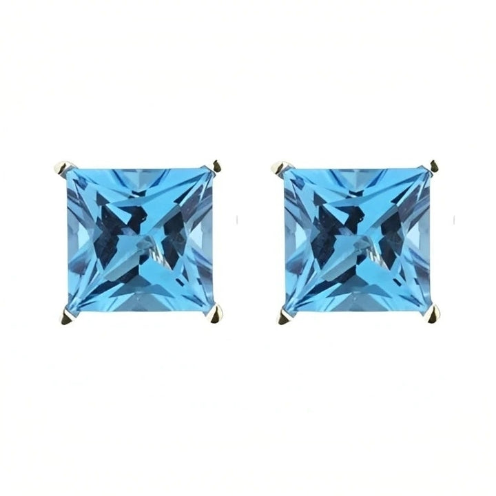 Paris Jewelry 18k Yellow Gold 2 Pair Created Blue Topaz 4mm, 6mm Round & Princess Cut Stud Earrings Plated Image 4