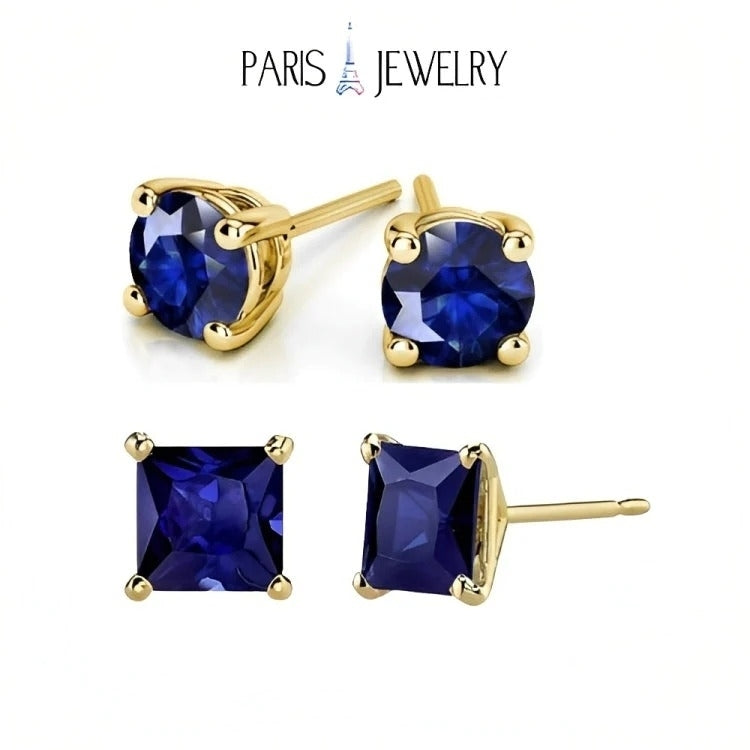 Paris Jewelry 18k Yellow Gold 2 Pair Created Blue Sapphire 4mm, 6mm Round & Princess Cut Stud Earrings Plated Image 1