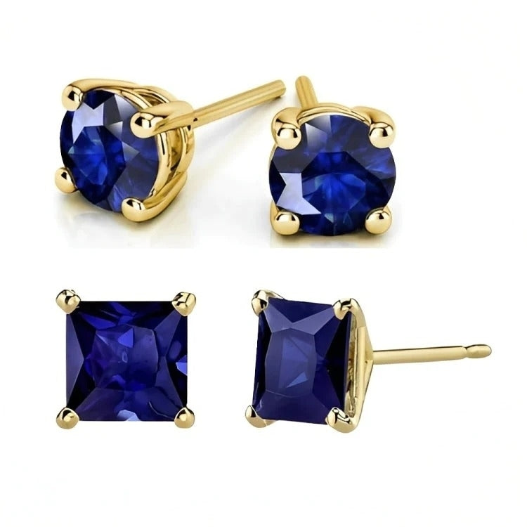 Paris Jewelry 18k Yellow Gold 2 Pair Created Blue Sapphire 4mm, 6mm Round & Princess Cut Stud Earrings Plated Image 2