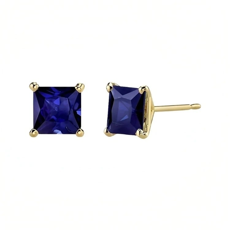 Paris Jewelry 18k Yellow Gold 2 Pair Created Blue Sapphire 4mm, 6mm Round & Princess Cut Stud Earrings Plated Image 4