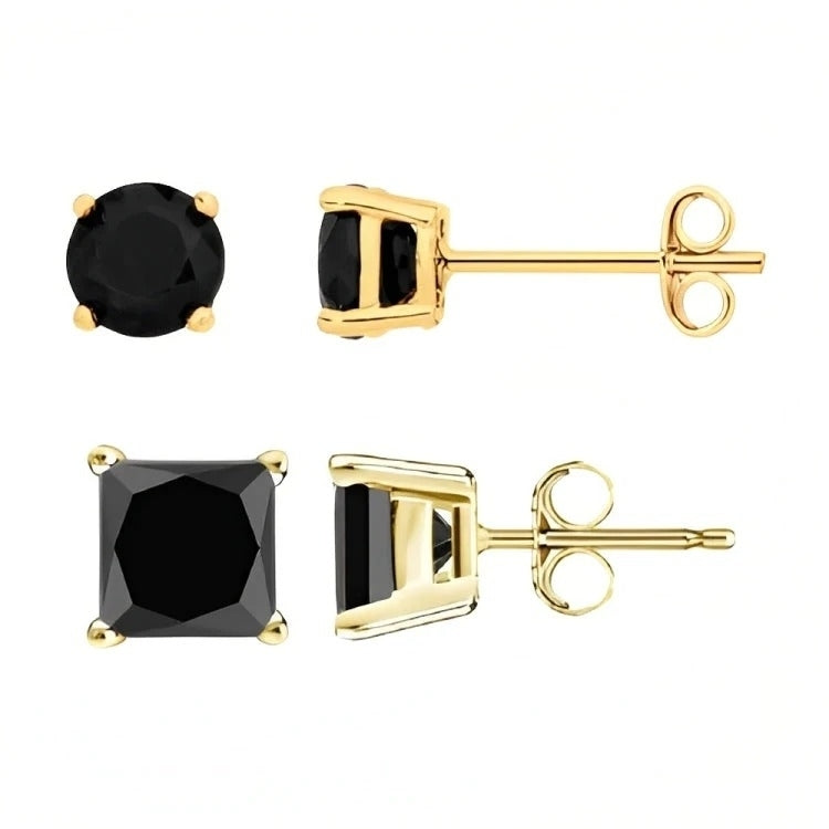 Paris Jewelry 18k Yellow Gold 2 Pair Created Black Sapphire 4mm 6mm Round and Princess Cut Stud Earrings Plated Image 2
