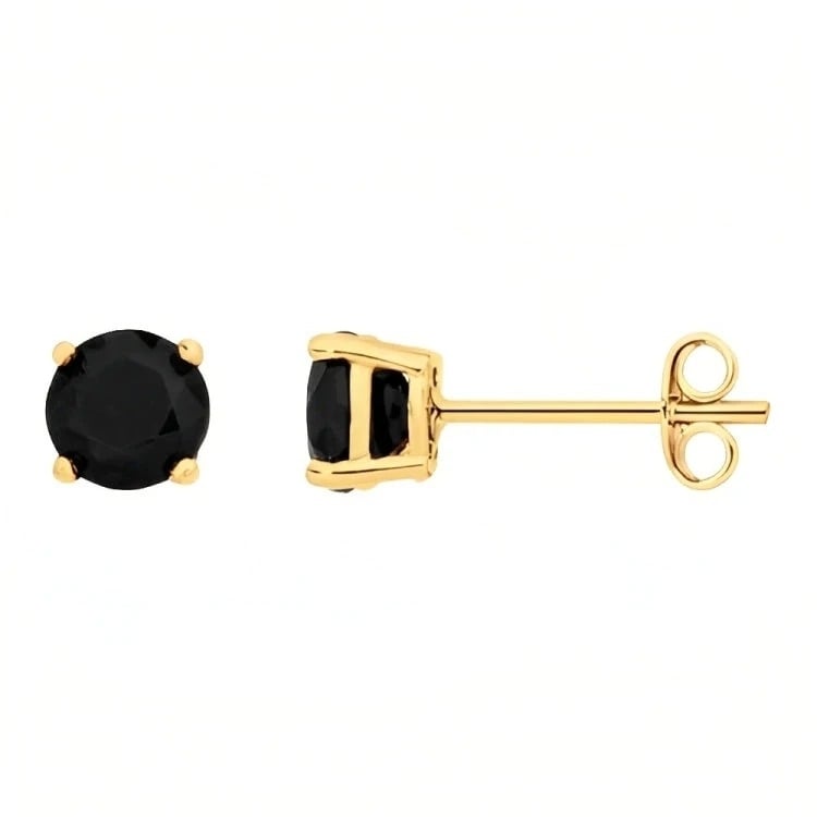 Paris Jewelry 18k Yellow Gold 2 Pair Created Black Sapphire 4mm 6mm Round and Princess Cut Stud Earrings Plated Image 2