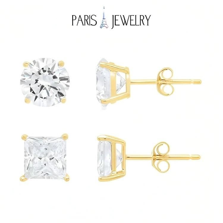 Paris Jewelry 18k Yellow Gold 2 Pair Created White Sapphire 4mm 6mm Round and Princess Cut Stud Earrings Plated Image 1