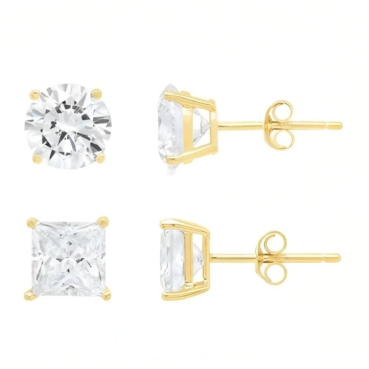 Paris Jewelry 18k Yellow Gold 2 Pair Created White Sapphire 4mm 6mm Round and Princess Cut Stud Earrings Plated Image 1