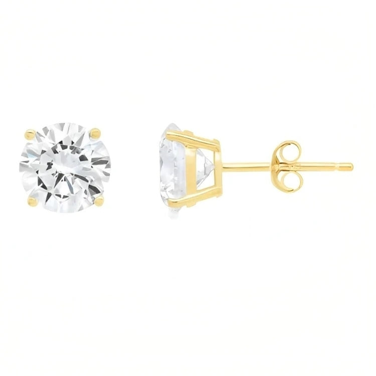 Paris Jewelry 18k Yellow Gold 2 Pair Created White Sapphire 4mm 6mm Round and Princess Cut Stud Earrings Plated Image 2