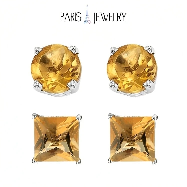 Paris Jewelry 18k White Gold 2 Pair Created Citrine 4mm 6mm Round and Princess Cut Stud Earrings Plated Image 1