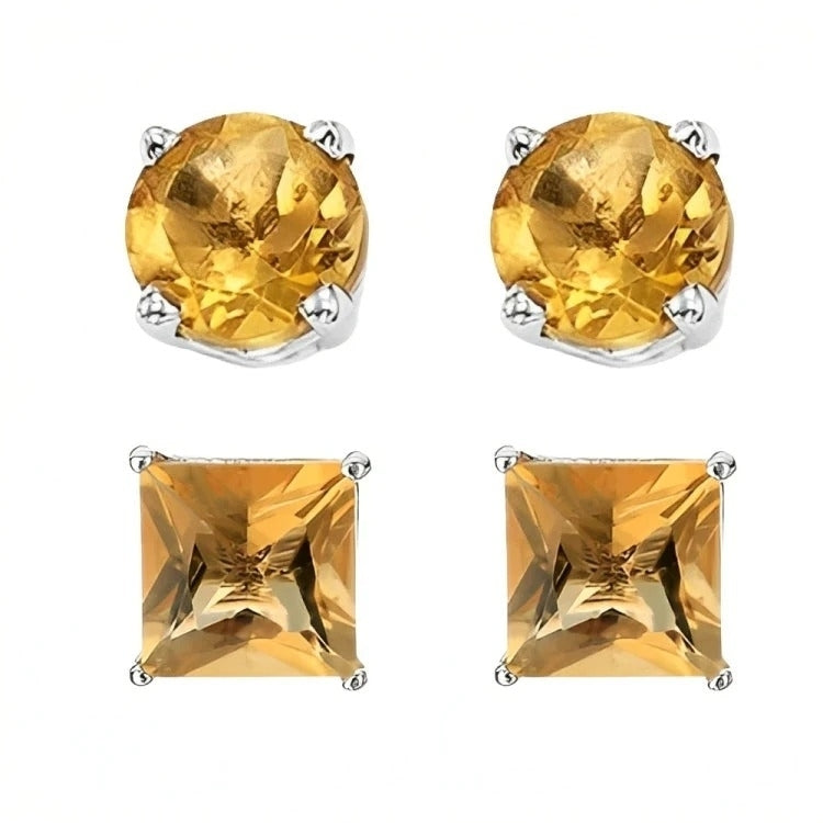 Paris Jewelry 18k White Gold 2 Pair Created Citrine 4mm 6mm Round and Princess Cut Stud Earrings Plated Image 2