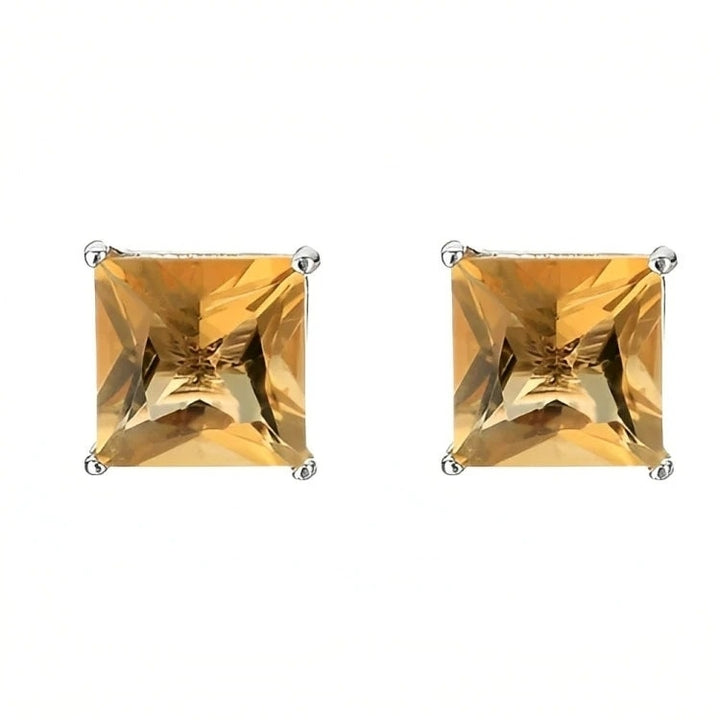 Paris Jewelry 18k White Gold 2 Pair Created Citrine 4mm 6mm Round and Princess Cut Stud Earrings Plated Image 4