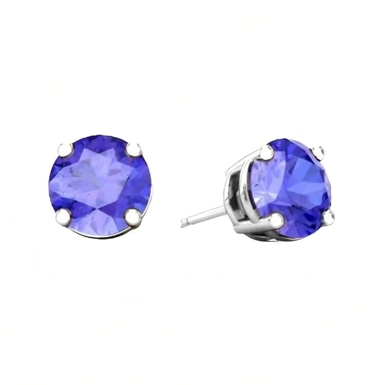 Paris Jewelry 18k White Gold 2 Pair Created Tanzanite 4mm 6mm Round and Princess Cut Stud Earrings Plated Image 2