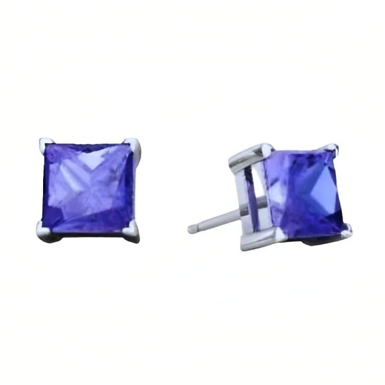 Paris Jewelry 18k White Gold 2 Pair Created Tanzanite 4mm 6mm Round and Princess Cut Stud Earrings Plated Image 3
