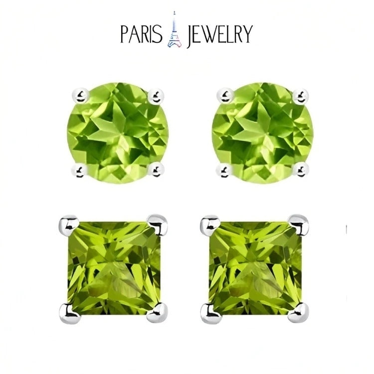 Paris Jewelry 18k White Gold 2 Pair Created Peridot 4mm 6mm Round and Princess Cut Stud Earrings Plated Image 1