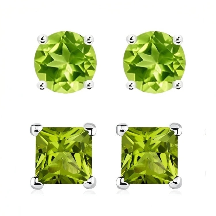 Paris Jewelry 18k White Gold 2 Pair Created Peridot 4mm 6mm Round and Princess Cut Stud Earrings Plated Image 1