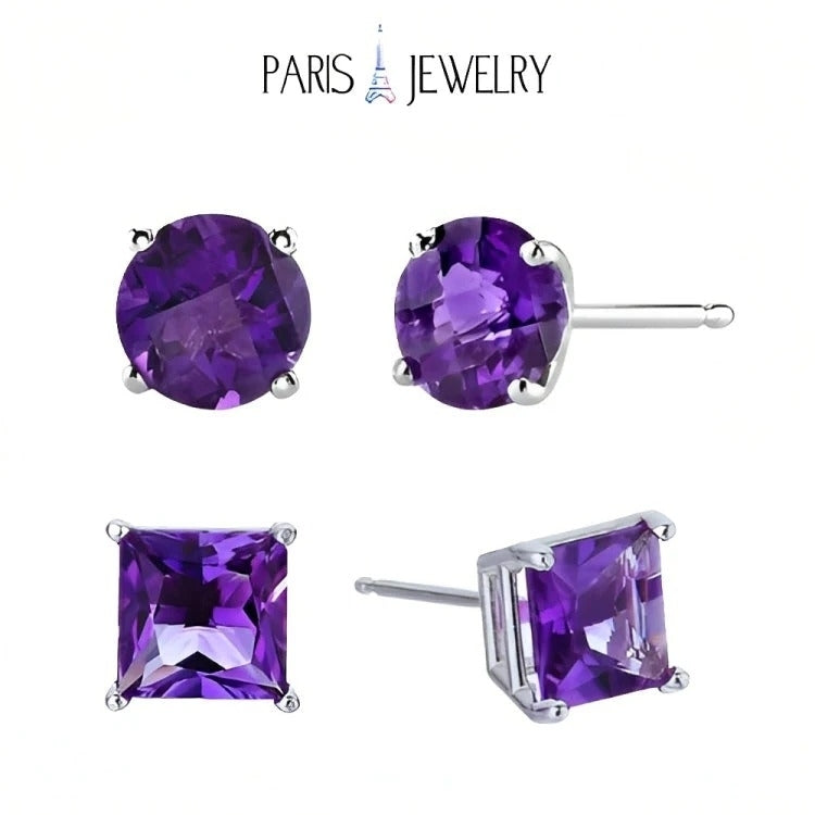 Paris Jewelry 18k White Gold 2 Pair Created Amethyst 4mm 6mm Round and Princess Cut Stud Earrings Plated Image 1