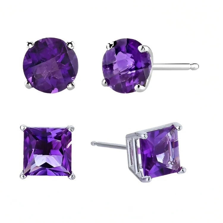 Paris Jewelry 18k White Gold 2 Pair Created Amethyst 4mm 6mm Round and Princess Cut Stud Earrings Plated Image 2