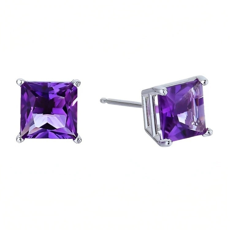 Paris Jewelry 18k White Gold 2 Pair Created Amethyst 4mm 6mm Round and Princess Cut Stud Earrings Plated Image 3