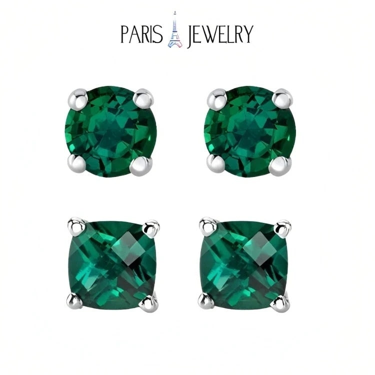 Paris Jewelry 18k White Gold 2 Pair Created Emerald 4mm 6mm Round and Princess Cut Stud Earrings Plated Image 1
