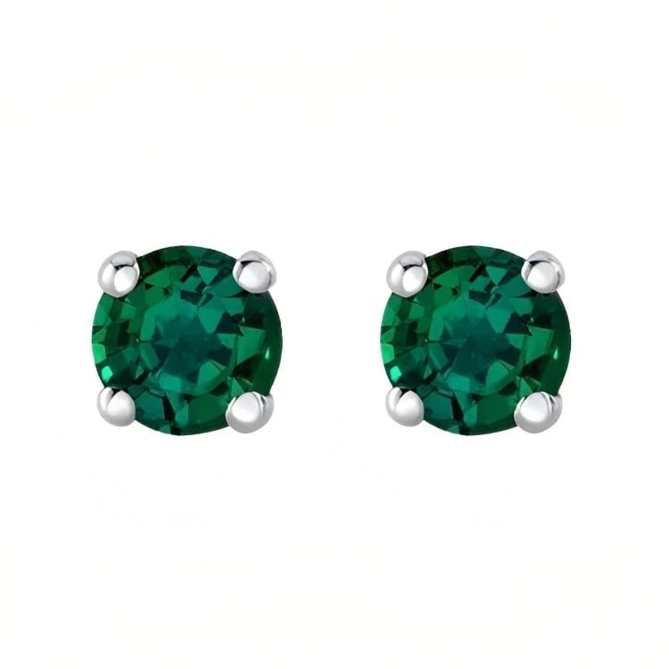 Paris Jewelry 18k White Gold 2 Pair Created Emerald 4mm 6mm Round and Princess Cut Stud Earrings Plated Image 2