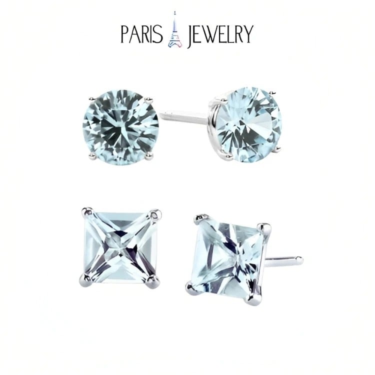 Paris Jewelry 18k White Gold 2 Pair Created Aquamarine 4mm 6mm Round and Princess Cut Stud Earrings Plated Image 1