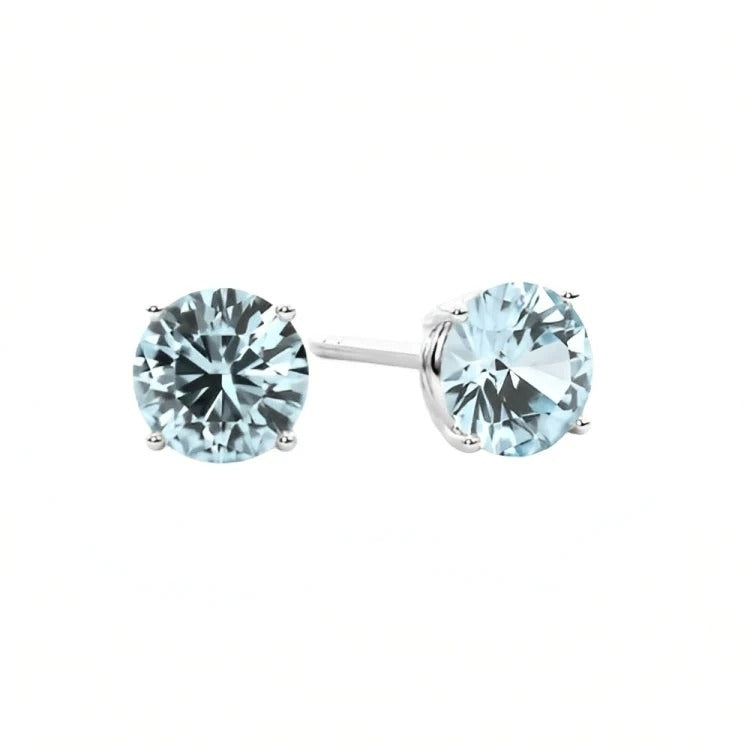 Paris Jewelry 18k White Gold 2 Pair Created Aquamarine 4mm 6mm Round and Princess Cut Stud Earrings Plated Image 2