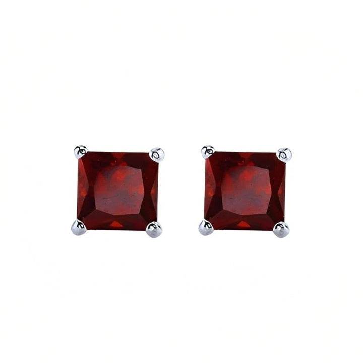 Paris Jewelry 18k White Gold 2 Pair Created Garnet 4mm 6mm Round and Princess Cut Stud Earrings Plated Image 3