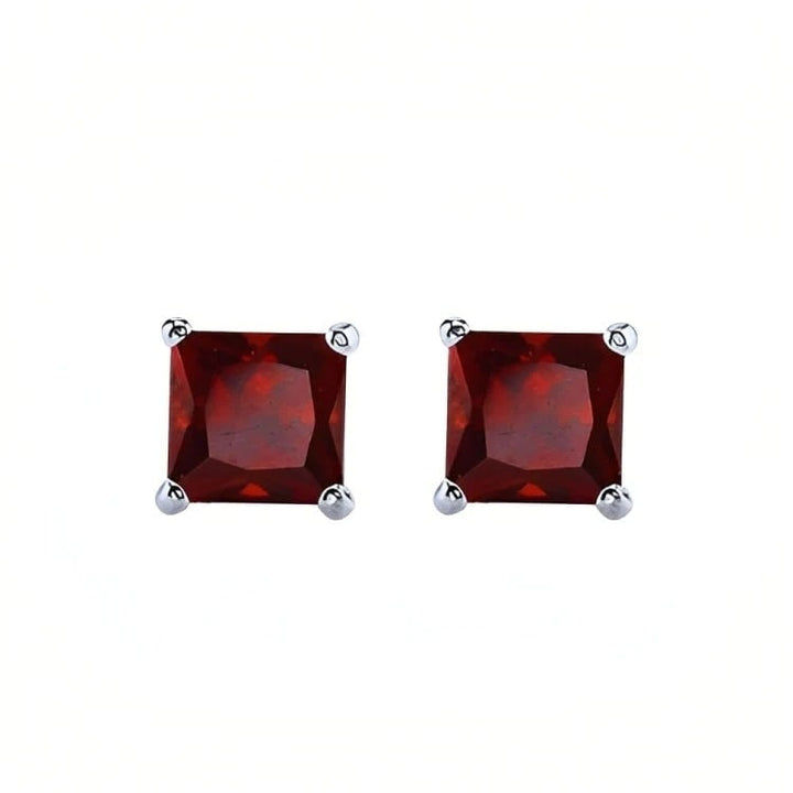 Paris Jewelry 18k White Gold 2 Pair Created Garnet 4mm 6mm Round and Princess Cut Stud Earrings Plated Image 4