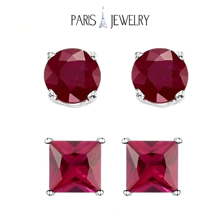 Paris Jewelry 18k White Gold 2 Pair Created Ruby 6mm Round and Princess Cut Stud Earrings Plated Image 1