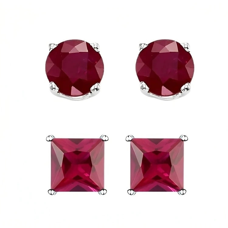 Paris Jewelry 18k White Gold 2 Pair Created Ruby 6mm Round and Princess Cut Stud Earrings Plated Image 2
