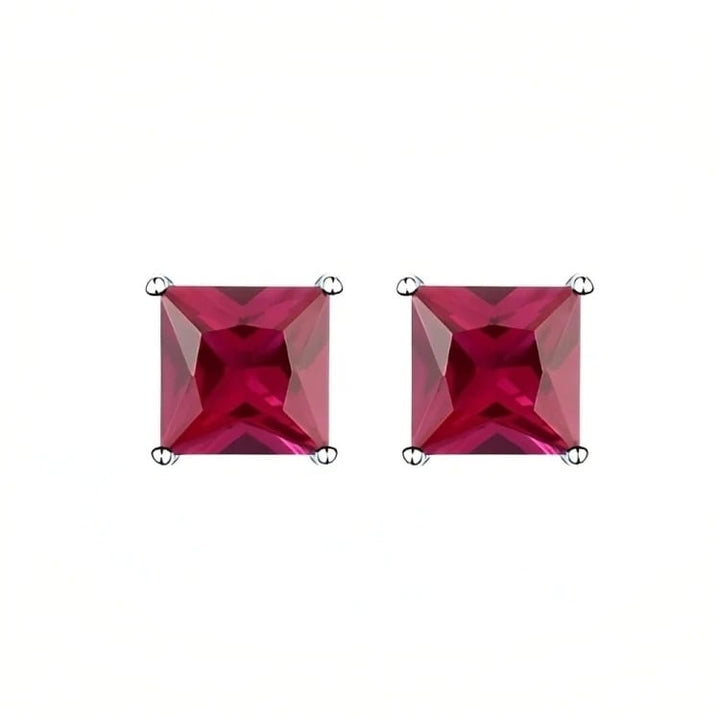Paris Jewelry 18k White Gold 2 Pair Created Ruby 6mm Round and Princess Cut Stud Earrings Plated Image 3