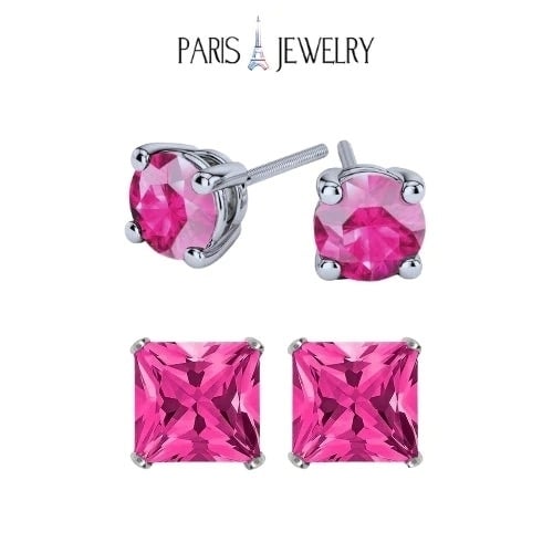 Paris Jewelry 18k White Gold 2 Pair Created Pink Sapphire 4mm 6mm Round and Princess Cut Stud Earrings Plated Image 1
