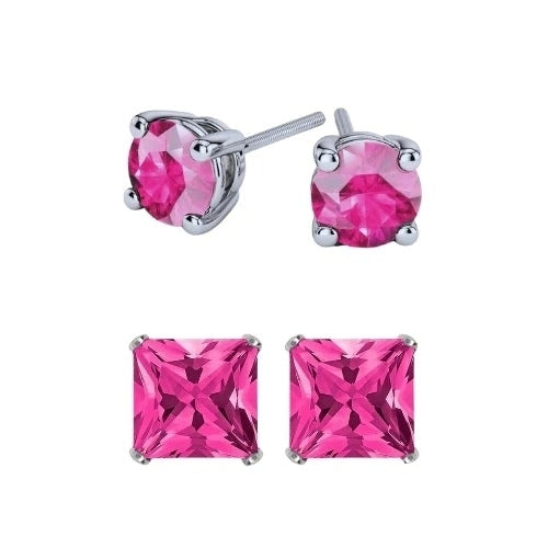 Paris Jewelry 18k White Gold 2 Pair Created Pink Sapphire 4mm 6mm Round and Princess Cut Stud Earrings Plated Image 2