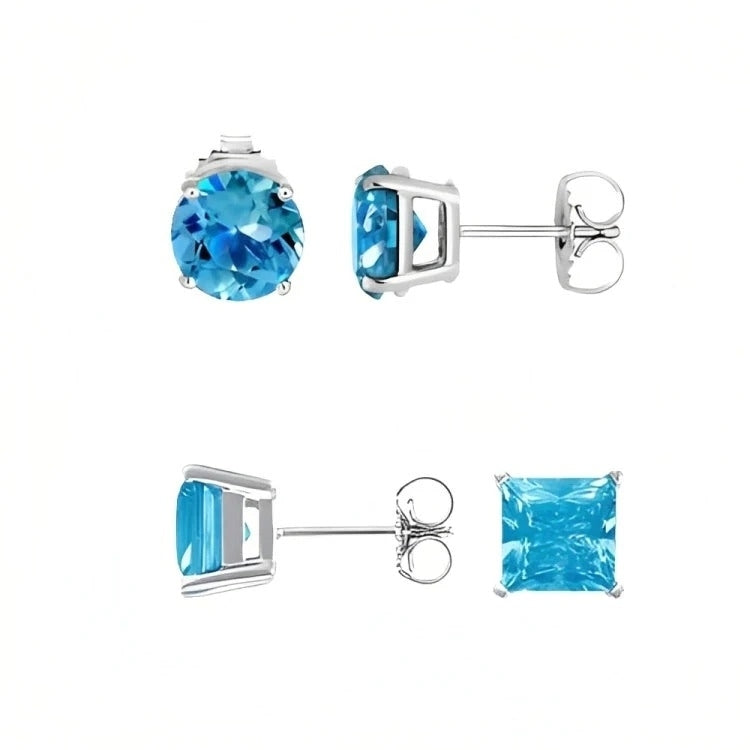 Paris Jewelry 18k White Gold 2 Pair Created Blue Topaz 4mm 6mm Round and Princess Cut Stud Earrings Plated Image 2