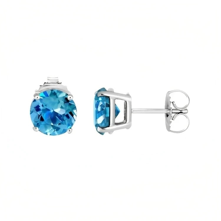 Paris Jewelry 18k White Gold 2 Pair Created Blue Topaz 4mm 6mm Round and Princess Cut Stud Earrings Plated Image 2