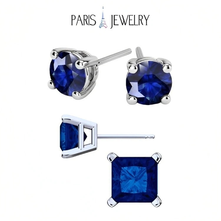 Paris Jewelry 18k White Gold 2 Pair Created Blue Sapphire 4mm 6mm Round and Princess Cut Stud Earrings Plated Image 1